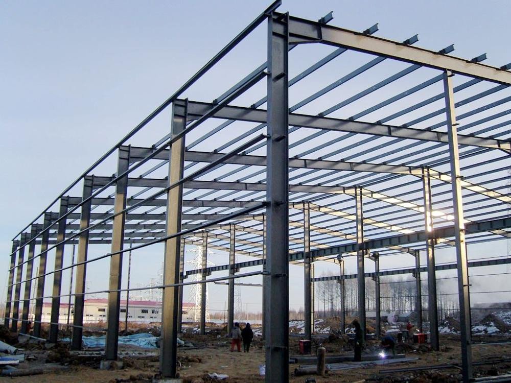 Steel portal frames of a pre-engineered building under construction